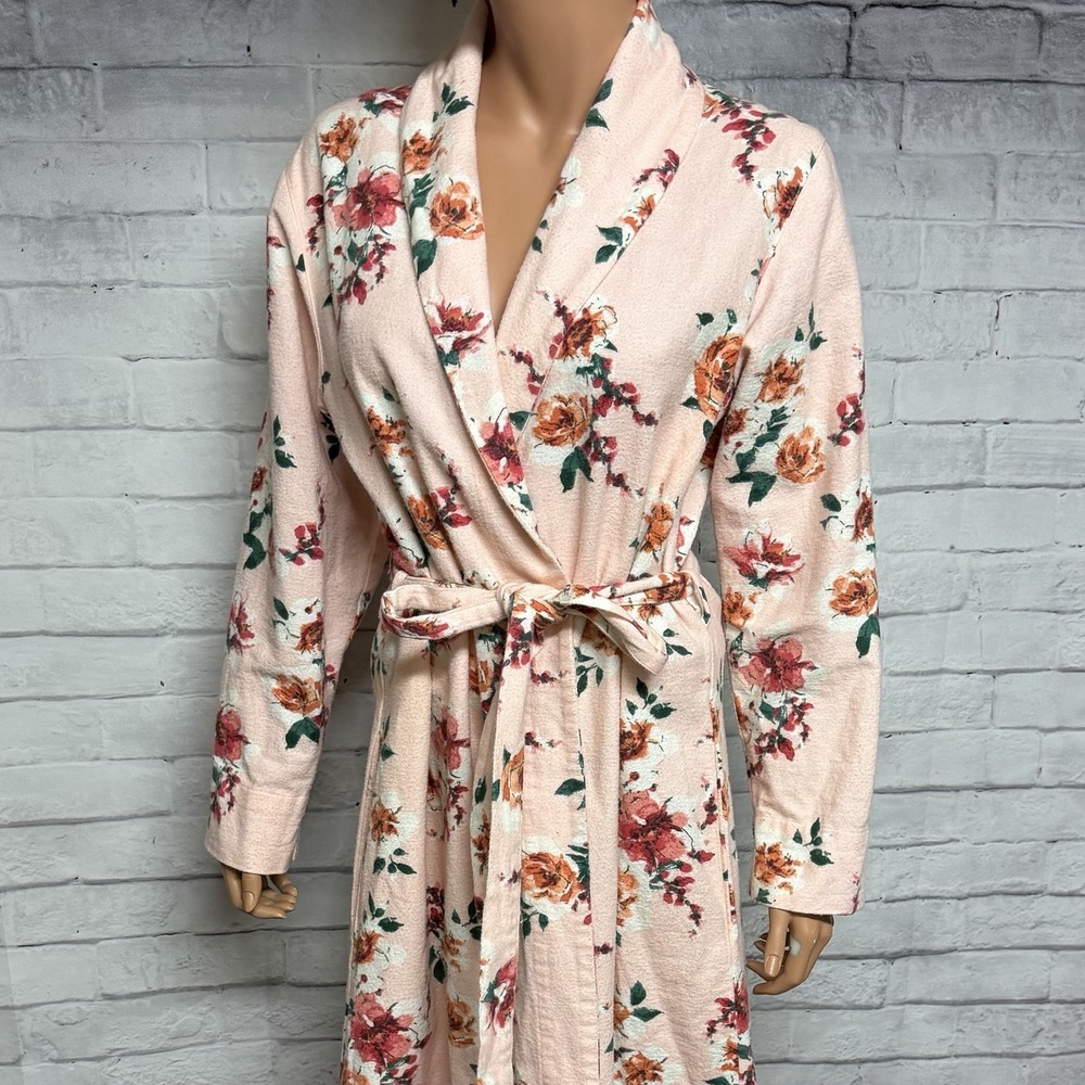 Garnet Hill Robe XS Orange Floral Organic Cotton Heritage Flannel Pockets Cozy - Picture 2 of 13
